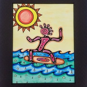 Hawaiian Art Print Colorful 5" x 7"  Surfer on Surfboard  from Waikiki Hawaii
